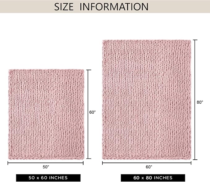 Chunky Knit Throw Blanket 60x80, 100% Handmade Chenille Yarn | 6.7lbs Soft Thick Cable Knitted Blankets, Large Rope Knot Crochet Throws for Couch Sofa Bed Machine Washable, Dusty Pink