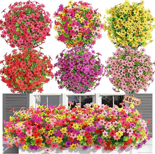 SHareconn 48 Bundles Artificial Flowers for Outdoors Spring Decoration, Fake Silk Realistic Faux Plants UV Resistant for Outside Planter Porch Patio Indoor Decor, RedRosePurpleYellowPink
