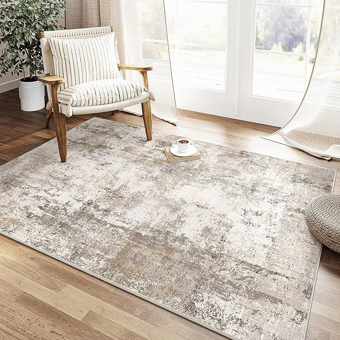 3x4 Washable Area Rug Brown Grey Abstract Non Slip Soft Low Pile Rug for Entryway Kitchen Bathroom Neutral Modern Throw Carpet for Living Room Bedroom Home Decor