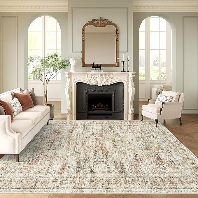 Soalmost Washable Area Rug 8x10, Large Soft Rugs for Living Room Vintage 8x10 Area Rugs for Bedroom Dining Room Non-Slip Stain Resistant Under Table Brown Pink Rug
