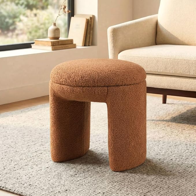 Furniture of America Rami Modern 18-inch Solid Wood Upholstered Ottoman with Pedestal Base, Vanity Stool Chair, Small Foot Stool for Bedroom, Living Room, Entryway, Saddle Brown