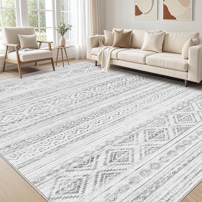 cotiled 6x9 Area Rug Living Room: Washable Boho Rugs with Non Slip Backing Large Soft Indoor Stain Resistant Carpet for Bedroom Farmhouse Dining Room Lightweight Home Decor Light Grey