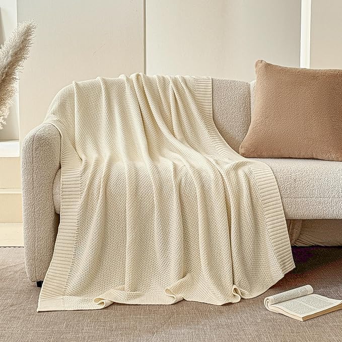 Simple&Opulence 100% Cotton Blanket King Size, Solid Color Cable Knitted Blanket Super Soft Comfortable Breathable Decorative Farmhouse for Couch Sofa Bed, All Season Use(White,104x90)
