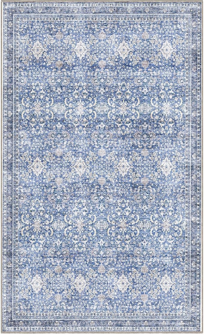 Sasttie 3x5 Rug, Ultra-Soft Washable Rug, Low Pile Foldable Thin Carpets with Non-Slip Backing, Skin-Friendly Stain Resistant Carpet for Living Room, Bedroom, Kitchen, Dorm, 3x5, Blue