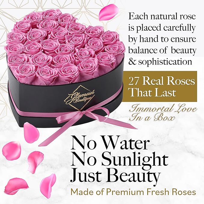 GLAMOUR BOUTIQUE 27 Flower Forever Heart Shape Box, Eternal Preserved Roses Gift for Her, Lasting Flowers, Premium Floral Heart Box for Birthday, Anniversary or Valentine’s Day, Pink (Color-Treated)