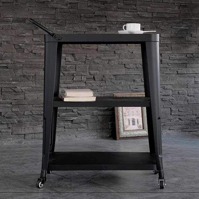 AC Pacific Harold 3-Tier Metal Rolling Cart with Swivel Rollers, Durable Utility Table on Wheels with Handle, All Metal Frame for Easy Mobility, Versatile Kitchen Stand for Bar or Serving Use, Black