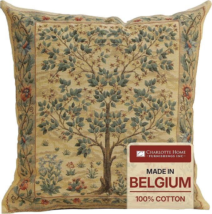 Charlotte Home Furnishings Inc Tapestry Tree of Life Throw Pillow Covers 18x18, European 100% Cotton Jacquard Woven Fabric, Boho & Vintage Inspired Decorative Cushion for Living Room and Sofa