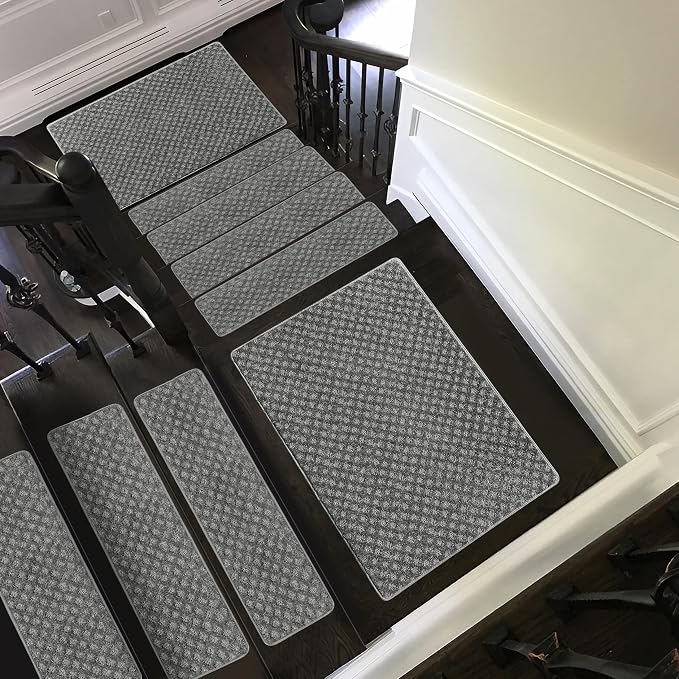 PURE ERA Carpet Stair Treads Tape Free Non Slip Indoor Stair Carpet Stair Protectors Pet-Friendly Non-Slip Skid Resistant Washable Reusable 8" x 30"(7 Pieces,Gray Mini-Diamond Trellis)