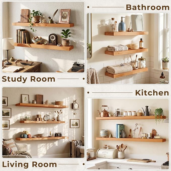 40 inch Floating Shelves for Wall, High End Solid Real Wood Floating Shelf with Heavy Duty Invisible Bracket 40in Long Wooden Wall Shelves for Living Room, Bedroom, Kitchen, Bathroom, Set of 2,Natural