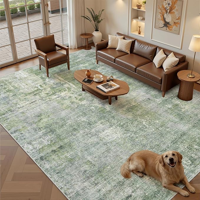 Soalmost Area Rug 10x12 Vintage Washable Living Room Large Carpet Non Slip Bedroom Indoor Office Dining Room Low Pile Thin Rug Green/Ivory