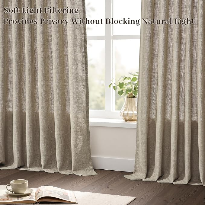 102 Inch Long Curtains Thick Linen Curtain for Living Room Bedroom Burlap Taupe Back Tab Rustic Farmhouse Pinch Pleated Drapes with Hooks Rings Light Filtering Semi Sheer for Sliding Door 2 Panels