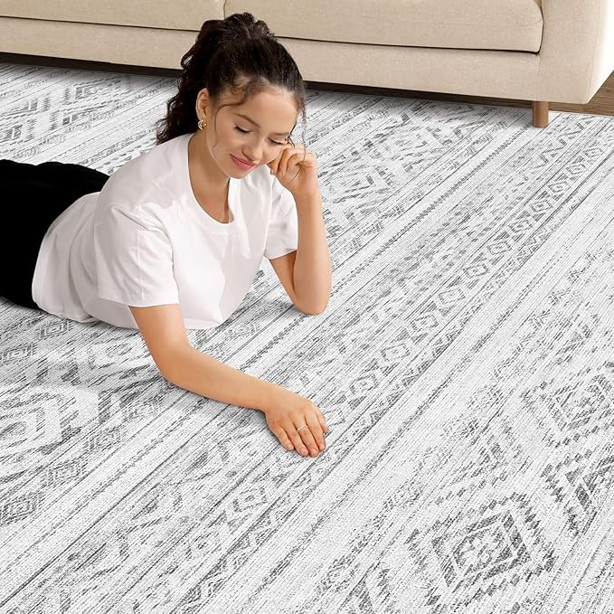 cotiled 5x7 Area Rug Living Room: Washable Boho Rugs with Non Slip Backing Large Soft Indoor Stain Resistant Carpet for Bedroom Farmhouse Dining Room Lightweight Home Decor Light Grey
