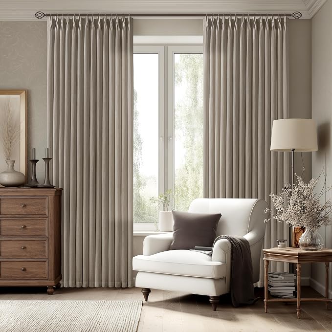 Taupe Linen Curtains 86 Inch Length 2 Panels Set for Living Room Pinch Pleated Semi Sheer Window Drapes Light Filtering Burlap Flax Bedroom Curtain with Back Tab Grey Beige Brown Burlywood Birch