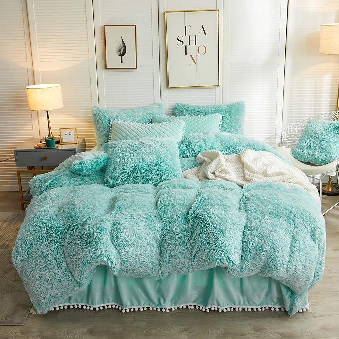 LIFEREVO Luxury Plush Shaggy Duvet Cover Set, Soft Velvet Fluffy Furry Duvet Cover Set(1 Faux Fur Fuzzy Comforter Cover + 1 Pom-poms Pillow Sham) Bedding Set, Zipper Closure(Twin/Twin XL,Ombre Aqua)