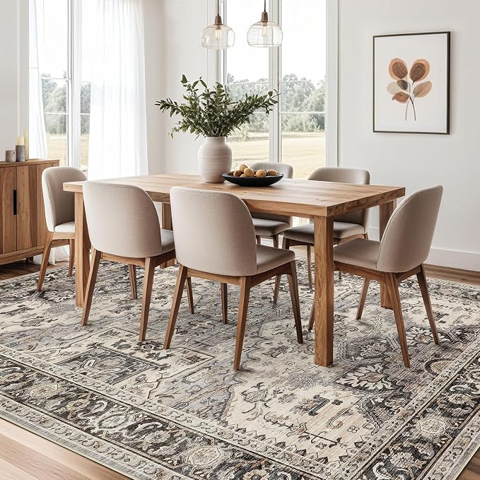 Area Rug for Living Room - 10x12 Soft Washable Oriental Vintage Floral Distressed Large Carpet - Fade Stain Resistant Non Slip Rugs for Bedroom Dining Room Nursery Dorm Office Home Decor - Brown