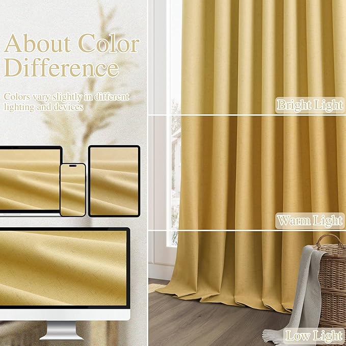 Guken 100% Blackout Curtains 102 Inch Length 2 Panels Set for Living Room Bedroom Back Tab Thermal Insulated Black Out Linen Drapes Room Darkening Window Curtains Gold 52x102