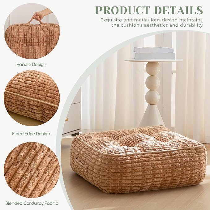 HIGOGOGO 8" Floor Pillow Cushion for Adults, Meditation Cushion Pillow, Blended Corduroy Cover, Large Square Floor Sitting for Tatami Living Room or Yoga, 2Pack, Coffee