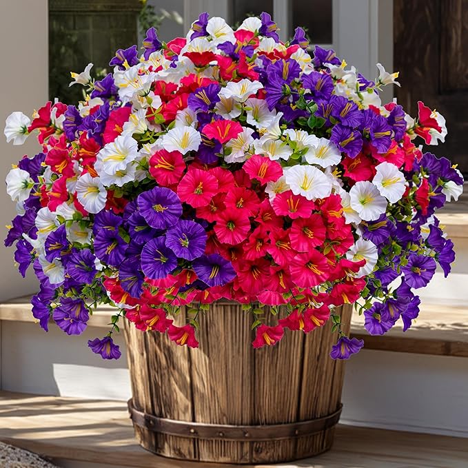 AXYLEX Artificial Flowers Outdoor Morning Glory - 16 Bundles Fake Plants UV Resistant No Fade Faux Plastic Greenery Home Garden Patio Decoration Indoor (1, Multi16-1)