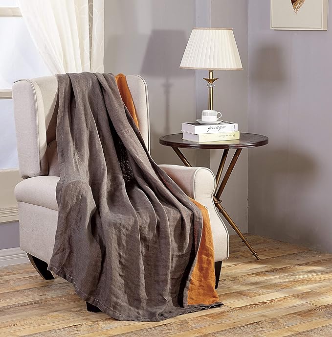 Chezmoi Collection Brussels Belgian Flax Linen Throw Blanket, 50" x 70" - Pre-Washed Super Soft Lightweight Breathable Summer Blanket Gray/Orange Color for Living Room Couch & Bed