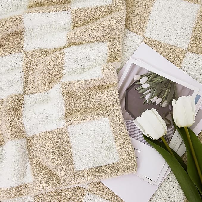 WRENSONGE Soft Checkered Throw Blanket for Couch-Cozy Warm Knitted Blankets | Lightweight Warm Fluffy Decor for Women, Mom, Her & Girls, Sofa, Chair, Bed, 50x60in,Beige