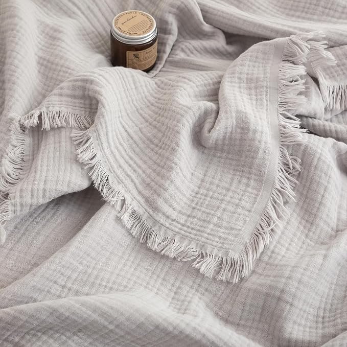 FOSSA Muslin Blanket 4-Layer 100% Cotton Gauze Blanket with Fringe 90"x90" | Super Soft Breathable Lightweight All Season & Decorative Blanket or Bed, Sofa, Office (Grayish,Queen)