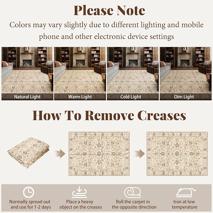 Washable Rugs for Living Room: 5x7 Area Rugs for Bedroom Ultra Soft Non-Slip Stain Resistant Vintage Boho Large Carpet for High-Traffic Dining Room - Farmhouse Decor