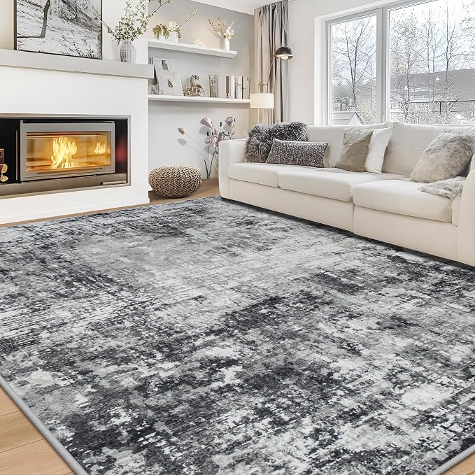 10x14 Area Rugs Large Living Room Rug Washable: Modern Abstract Rug Indoor Modern Carpet Non Slip for Dining Room Bedroom Nursery Home Office Black Grey