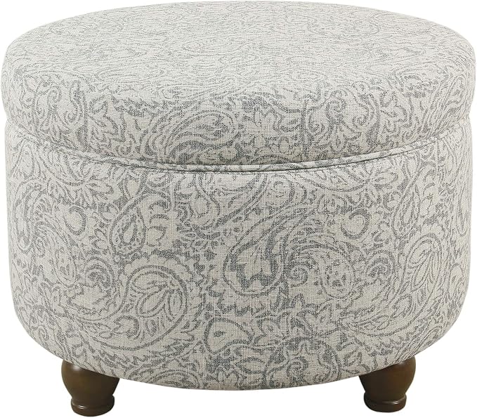 Homepop Home Decor | Upholstered Round Storage Ottoman | Ottoman with Storage for Living Room & Bedroom, Gray Floral