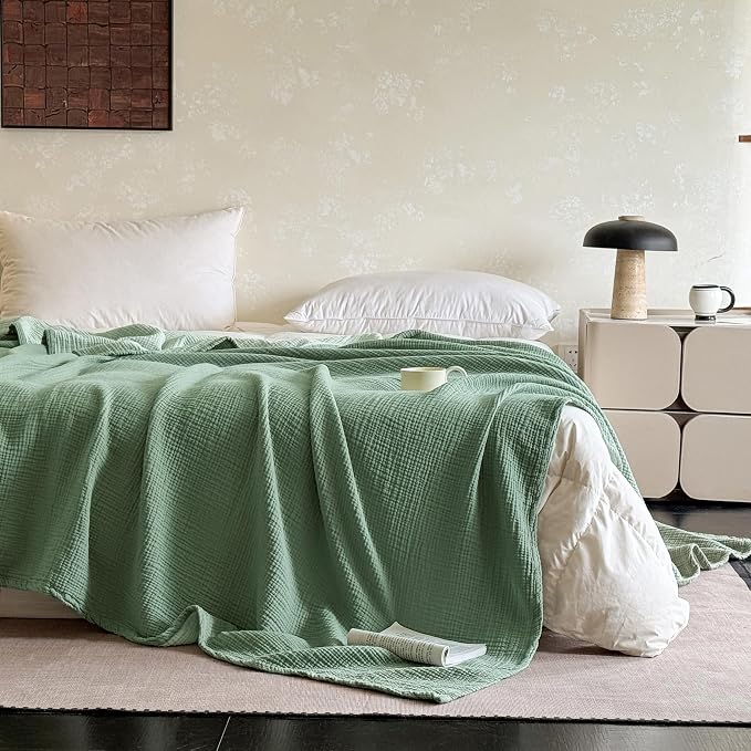 FALUCA Cotton Muslin Cooling Reversible Blanket 50x60 Inches for Bed, Couch, Four Layers Blanket, Soft Lightweight Cozy Breathable Farmhouse Decoration for Summer, Light Green