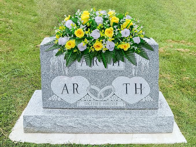 LVXINLI Artificial Cemetery Flowers Saddle-Shaped Tombstone Decorations Non-Fading UV-Resistant（Yellow and White Saddle ）