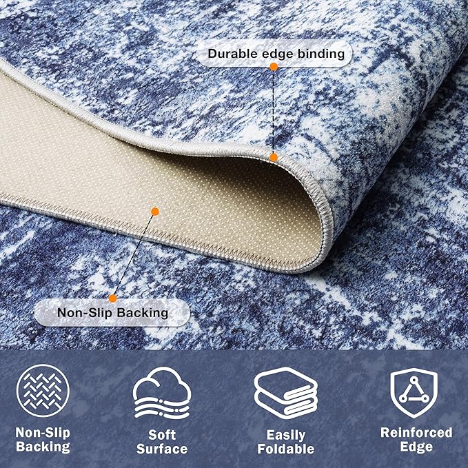 10x14 Area Rugs for Living Room Washable Rug: Anti-Skid Abstract Modern Living Room Rug Soft Thin Carpets Indoor Floor Non-Shedding Carpet for Bedroom Dining Farmhouse Nursery Navy Light Gray