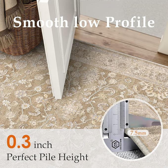 2x3 Taupe Washable Area Rug for Living Room Bedroom Neutral Soft Floral Non Slip Thin Throw Rug Lightweight Vintage Low Pile Distressed Doormat Entrance Laundry Room Office Bathroom