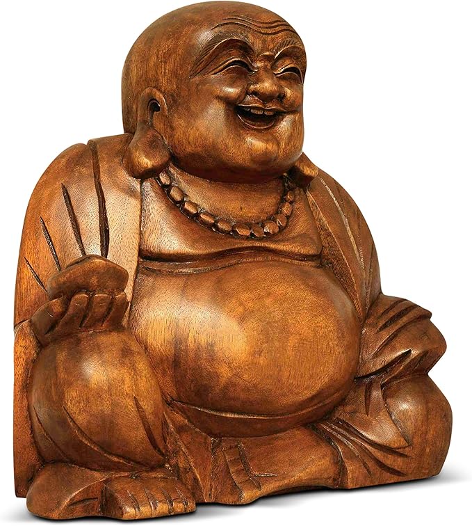 G6 Collection 12" Wooden Laughing Happy Buddha Statue Hand Carved Smiling Sitting Sculpture Handmade Figurine Decorative Home Decor Accent Rustic Handcrafted Art Decoration Happy Buddha (Large)