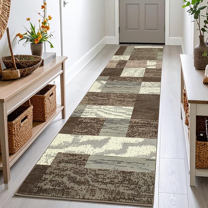 SUPERIOR Indoor Runner Rug, Jute Backed, Modern Geometric Patchwork Floor Decor for Bedroom, Office, Living Room, Entryway, Hardwood Floors, Rockwood Collection, 2' 7" x 10', Light Blue-Ivory