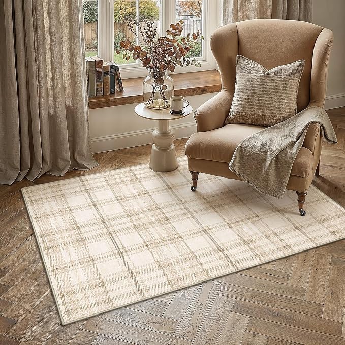 4x5 Beige Area Rug for Living Room Bedroom Machine Washable Low Pile Checkered Carpet Modern Accent Soft Non Slip Rug for Dining Room Nursery Office Indoor