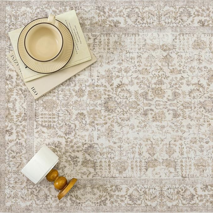 PureCozy Light Brown Runner Rug 2'6"x12' Washable Carpet for Hallway Kitchen Vintage Distressed Non Slip Indoor Retro Floral Bedroom Accent Throw Long Rug Bathroom Office Laundry Dining Living Room