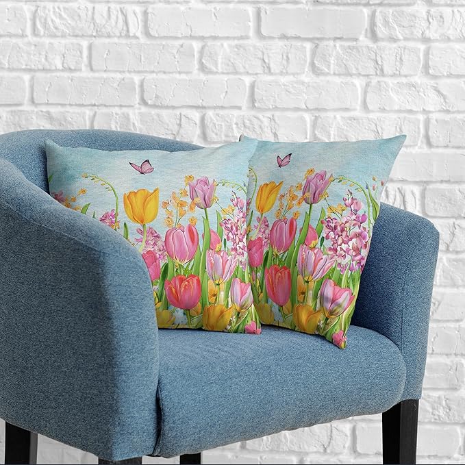 Tulip Pillow Covers 18x18 Set of 2 Spring Throw Pillow Covers Pink Yellow Tulip Floral Outdoor Pillowcase Watercolor Cotton Linen Cushion Case for Sofa Outdoor Patio