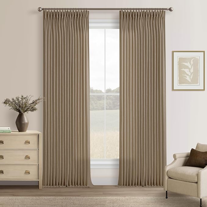 Latte Pinch Pleated Linen Curtains 108 Inch Long Light Taupe Brown Memory Trained Boho Rustic Semi Sheer Burlap Drapes for Track System 9 ft Linen Textured Curtain 2 Panels for Living Dining Room