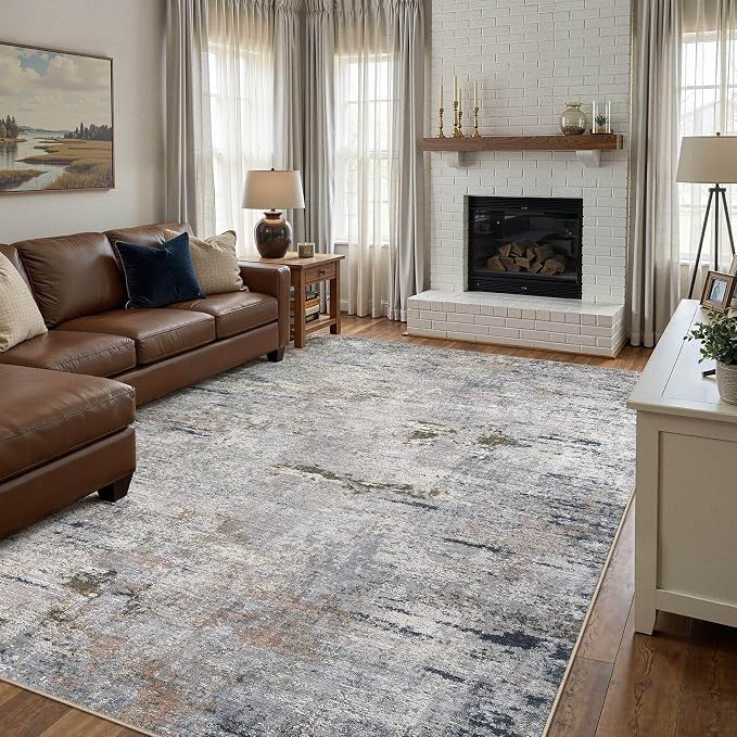 DMOYEST Area Rug Living Room Rugs - 10x14 Washable Large Soft Indoor Neutral Modern Abstract Low Pile Rug Carpet for Bedroom Dining Room Farmhouse Home Office - Blue/Grey/Brown