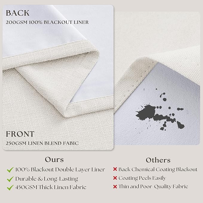 Ivory Cream Pleated 100% Blackout Linen Curtains 86 Inches Long for Bedroom Living Room Memory Trained Pinch Pleat Back Tab Black Out Thermal Noise Blocking Double Layer Windows Drapes 2 Panels Set