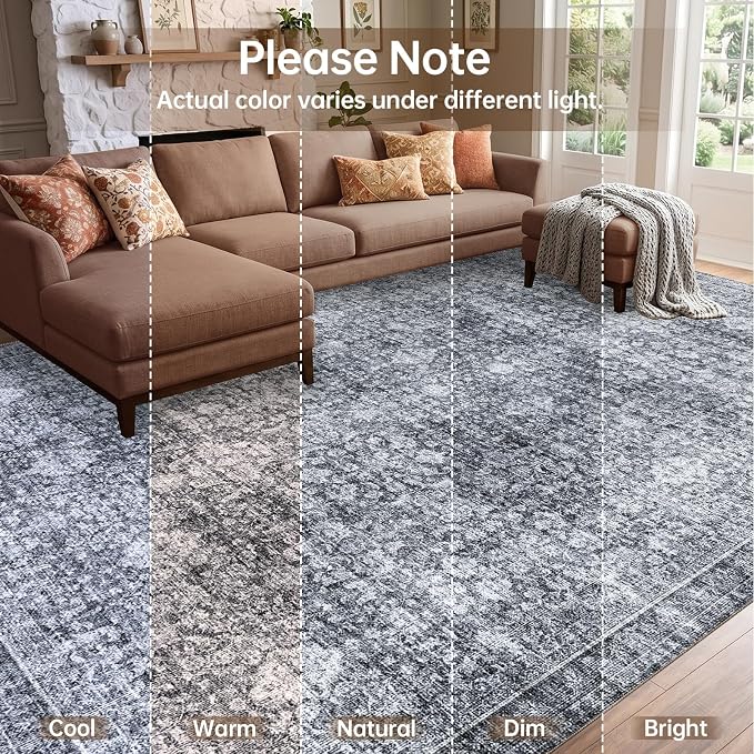 Sasttie Round Rug 4ft, Ultra-Soft Washable Circle Rug, Low Pile Foldable Thin Rugs with Non-Slip Backing, Skin-Friendly Stain Resistant Carpet for Living Room, Bedroom, Kitchen, Dorm, 4ft, Black Grey