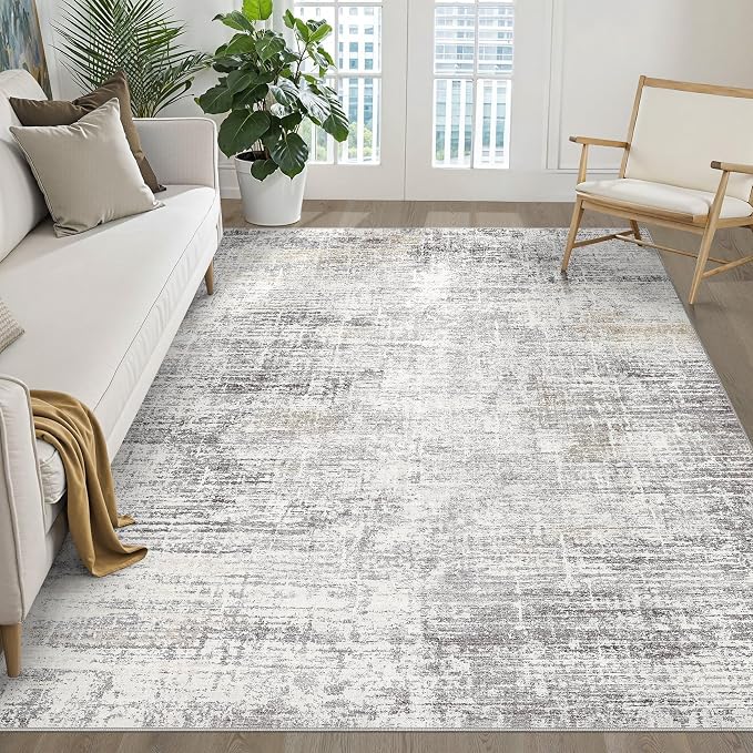6x8 Area Rug Living Room: Washable Large Neutral Rug Abstract Soft Modern Stain Resistant Indoor Floor Non-Slip Carpet for Bedroom Nursery Kids Office Playroom Dining Room Under Table- Gray Beige