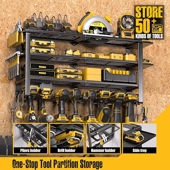 Spampur 420LB Capacity Power Tool Organizer with Charging Station & 6 Outlets | Quick Assembly 4-Layer Heavy Duty Rack for Drills & Batteries | Ultimate Garage Storage & Christmas Gift for Men