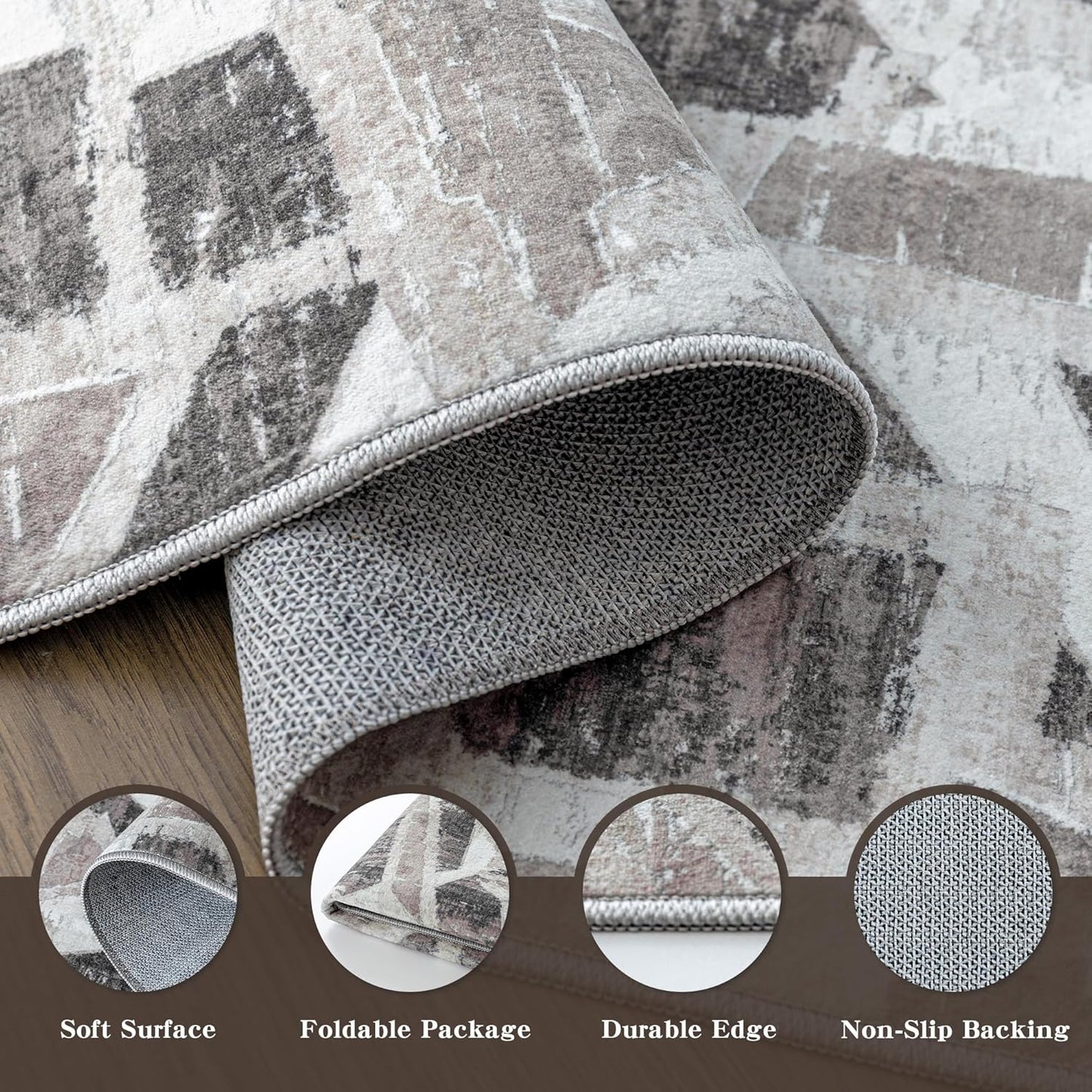 Modern Abstract 6X9 Area Rug for Living Room Bedroom Washable, with Non-Slip Rubber Backing Print Faux Wool Thin, Grey Throw Large Carpet for Kids Playroom Dining Room Pet & Child Friendly