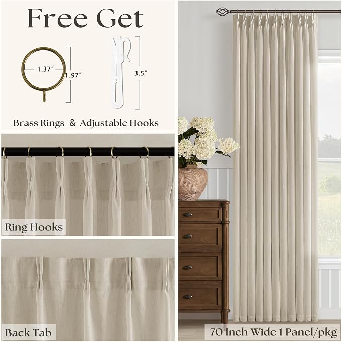 Linen Beige Pleated Curtains 90 Inches Long Patio Sliding Door Curtains 70 Inch Width Light Filtering Semi Sheer Curtain Drapes Oatmeal Tan Neutral Extra Wide 70x90 Curtain Panels for Living Room