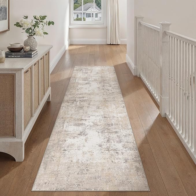 2x7 Washable Runner Rug Beige Grey Abstract Non Slip Soft Low Pile Hallway Kitchen Rug Neutral Modern Carpet for Laundry Bathroom Bedroom Living Room Home Decor