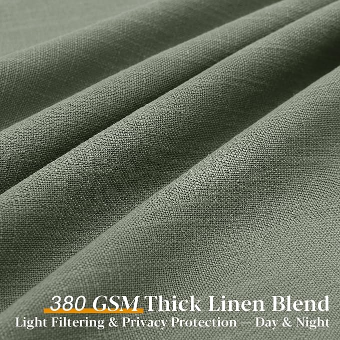 Sage Green Pleated Linen Curtains 105 Inch Length 2 Panels Set Semi Sheer Light Filtering Privacy Window Drapes for Living Room Modern Viral Pinch Pleated Curtains 105 Inches with Hooks Rings Clips