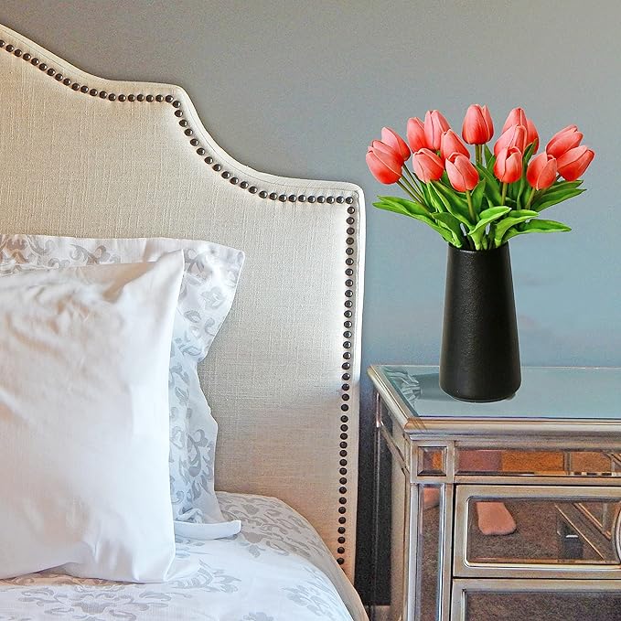 Mandy's Coral Artificial Tulips Flowers Centerpiece, 13.5" Lifelike PU Fake Floral Stems 20pcs for Kitchen Island & Dining Table, Spring Decor for Easter