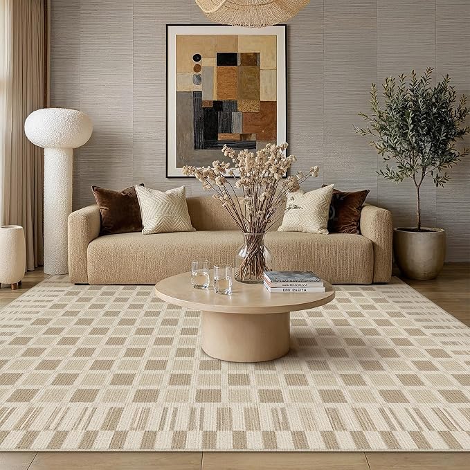 PureCozy Machine Washable Brown 6x9 Area Rugs for Living Room Modern Soft Large Checkered Rug Non-Slip Low Pile Accent Indoor Office Carpet for Bedroom Dining Room Nursery Classroom