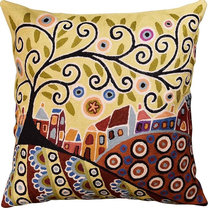 Yellow Tree of Life Throw Pillow Cover Karla Gerard Floral Pillowcase Gold Flower Pillowsham Plant Flower Chair Cushion Flowers Couch Hand Embroidered Wool Size 18x18